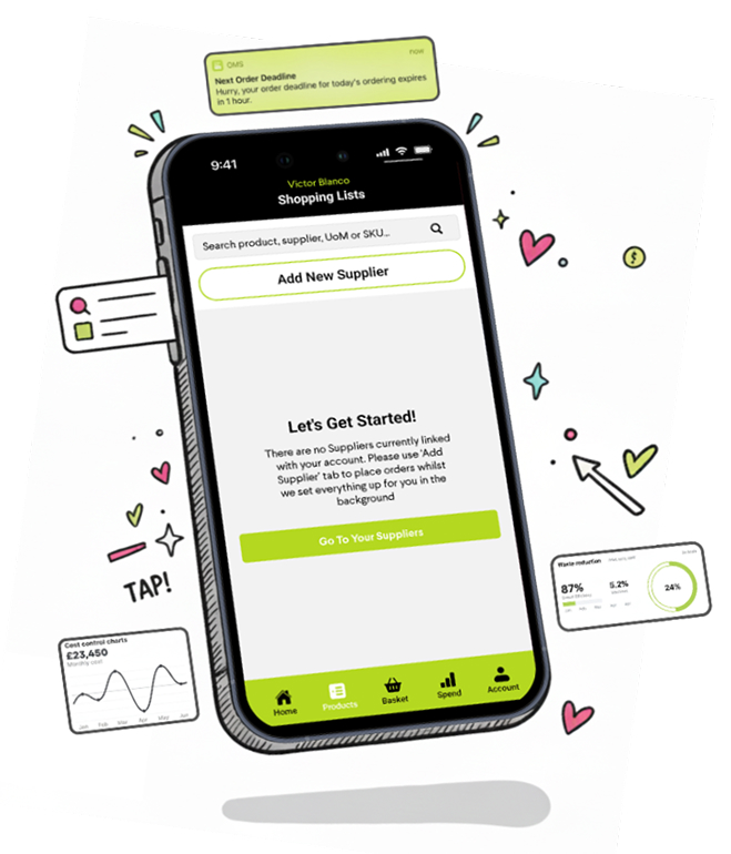 The Orders Made Simple app on a phone, showing the Shopping Lists screen with an Add New Supplier button.