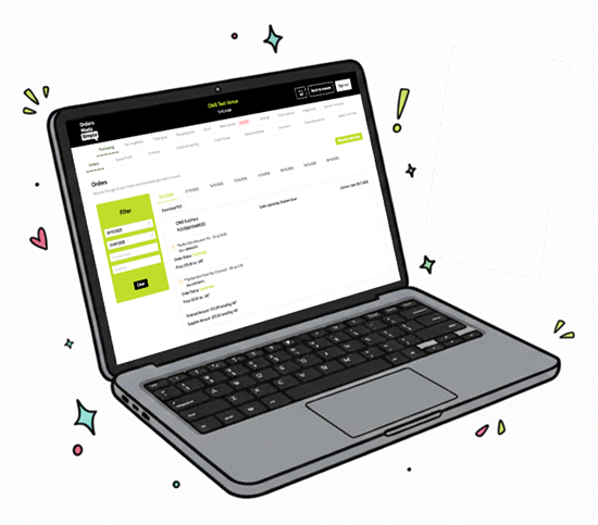 The Orders Made Simple desktop app on a laptop, showing a filtered list of purchase orders.