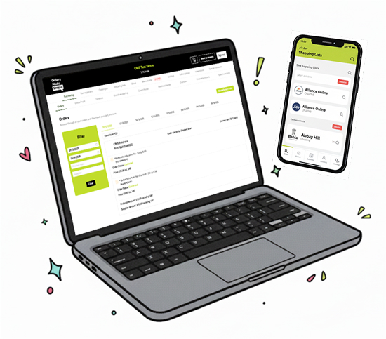 Orders Made Simple on a laptop and a phone side by side, showing purchase orders and shopping lists.